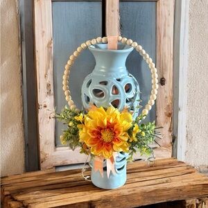 Charming Rustic Vibrant Yellow & Orange Dahlia Wooden Bead Hoop Wreath